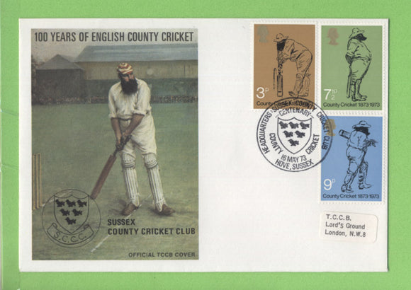 G.B. 1973 Cricket set on TCCB official First Day Cover, Hove Sussex
