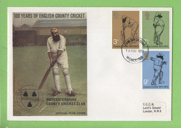 G.B. 1973 Cricket set on TCCB official First Day Cover, Worcester