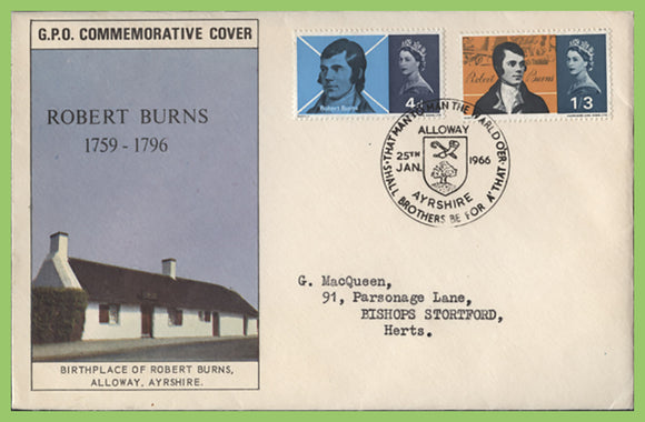G.B. 1966 Robert Burns set on GPO First Day Cover, Alloway H/S (Sm)