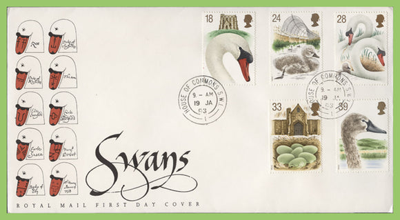 G.B. 1993 Swans set on Royal Mail First Day Cover, House of Commons cds