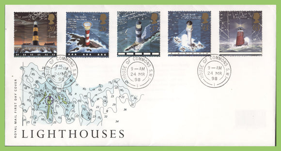 G.B. 1998 Lighthouses set on Royal Mail First Day Cover, House of Commons cds