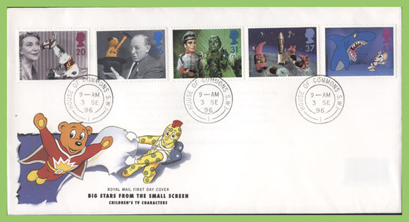 G.B. 1996 Big Stars of Small Screen set on Royal Mail First Day Cover, House of Commons cds