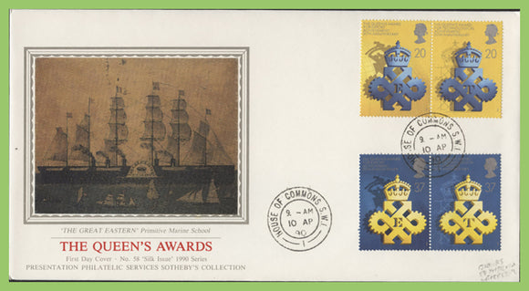 G.B. 1990 The Queens Awards set on PPS silk First Day Cover, House of Commons cds