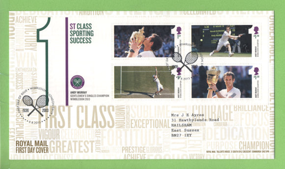 G.B. 2013 Andy Murray mini sheet on Royal Mail First Day Cover, Wimbledon