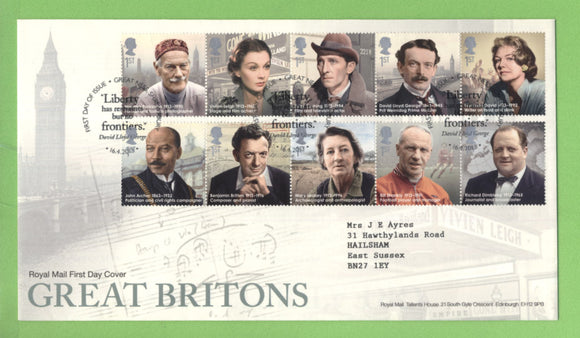 G.B. 2013 Great Britons set on Royal Mail First Day Cover, Shrewsbury