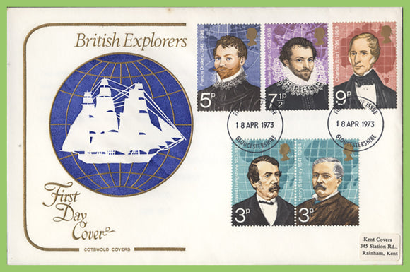 G.B. 1973 British Explorers setr on Cotswold First Day Cover, Gloucestershire (Charles Stuart buried here)