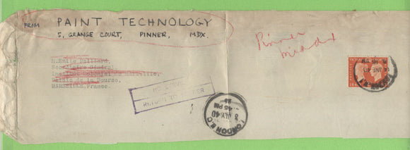 G.B. 1940 grubby part cover with WWII 'No Service - RTS' cachet. Services suspended due to war and cover returned