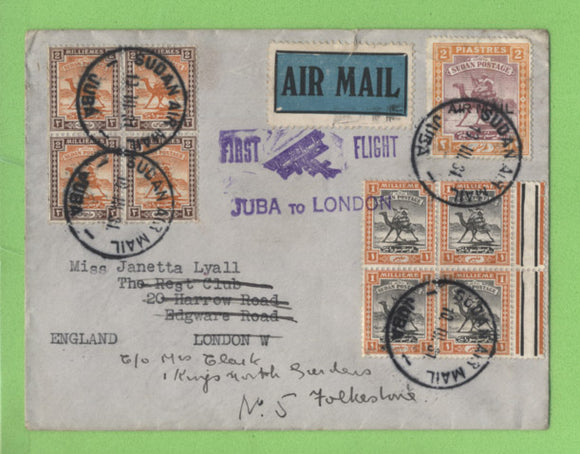 Sudan 1931 multifranked First Flight Cover, Juba to London with Flight cachet