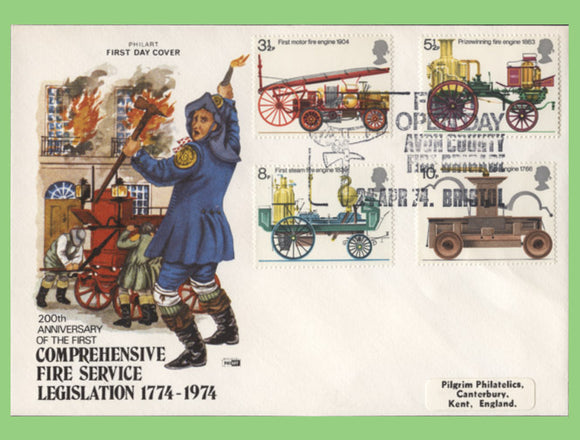 G.B. 1974 Fire Service Philart First Day Cover, Avon Fire Brigade, Bristol