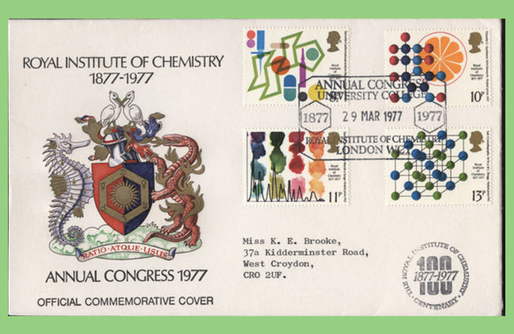 G.B. 1977 Chemistry set on Official Annual Congress, Institure of Chemistry commemorative Cover