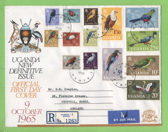 Uganda 1965 Birds definitive set on registered First Day Cover