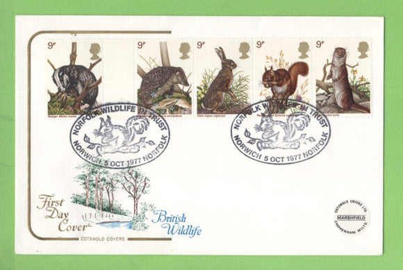 G.B. 1977 Nature set on Cotswold First Day Cover, Norfolk Wildlife in Trust