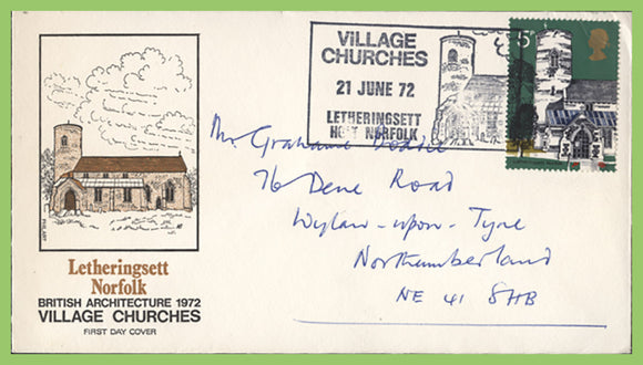 G.B. 1972 5p Churches on Letheringsett First Day Cover, Letheringsett