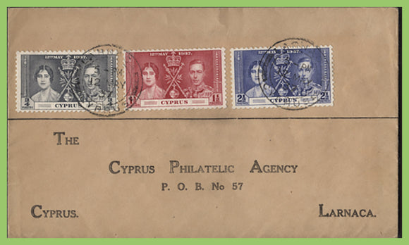Cyprus 1937 KGVI Coronation set on Printed First Day Cover, Larnaca