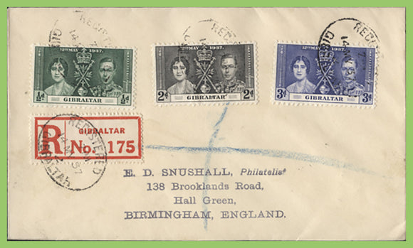 Gibraltar 1937 KGVI Coronation set on registered First Day Cover