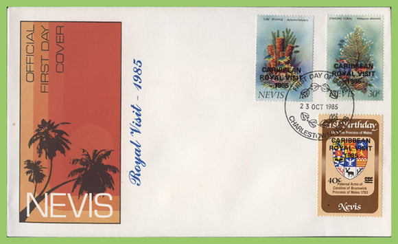Nevis 1985 'Carribean Royal Visit' ovpts. , three stamps First Day Cover