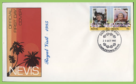 Nevis 1985 'Carribean Royal Visit' ovpt Queen Mother pair on First Day Cover
