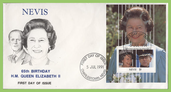 Nevis 1991 65th Birthday of H.M. QEII mini sheet on First Day Cover