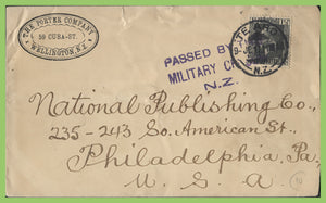 New Zealand 1917 KGV 1½d on cover to USA. 'Passed by Military Censor'