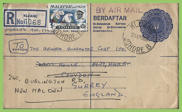 Malaya-Johor 1966 uprated registered 'Kluang' cover to England