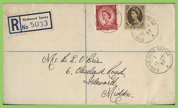 G.B. 1957 Richmond registered cover with neat Mobile Post Office cancels (Richmoind Horse Show)
