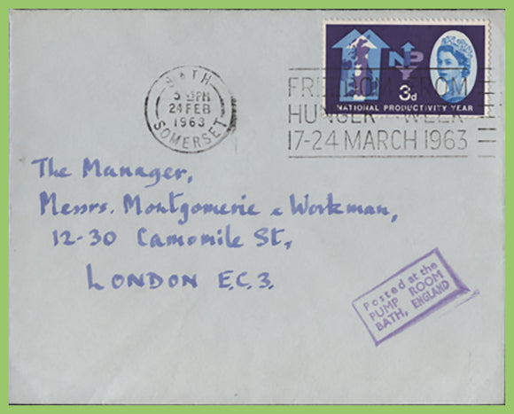 G.B. 1963 cover with FFH slogan cancel & posted at Pump Room Bath cachet