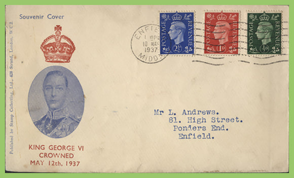 G.B. 1937 KGVI ½d, 1d & 2½d on illustrated First Day Cover, Enfield