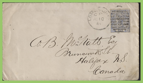 G.B. 1881 Queen Victoria 2½d blue, Pl23  on cover to Canada, Lombard St. duplex cancel