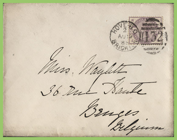 G.B. 1885 Queen Victoria 2½d Lilac on cover to Belgium, Hove B.O. Brighton duplex cancel