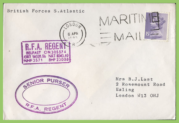 G.B. 1983 British Forces South Atlantic, Maritime Mail,  R F A Regent ship cachet