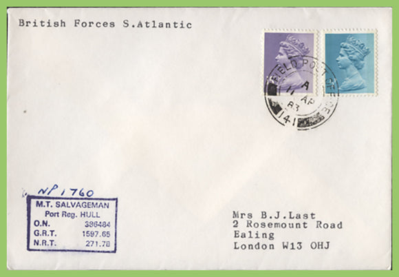 G.B. 1983 British Forces South Atlantic,  FPO 141, M T Salvagman ship cachet