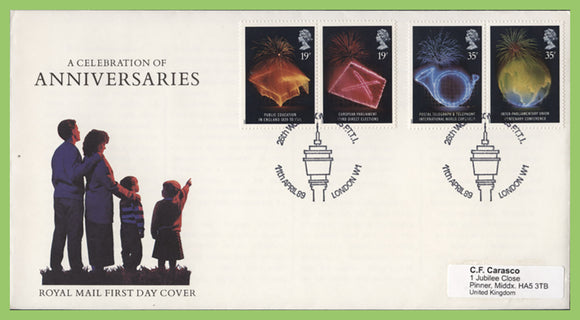 G.B. 1989 Anniversaries set on Royal Mail First Day Cover, London W1