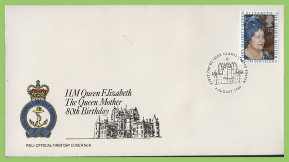 G.B. 1980 Queen Mothers 80th Birthday official RNLI First Day Cover, Glamis Castle