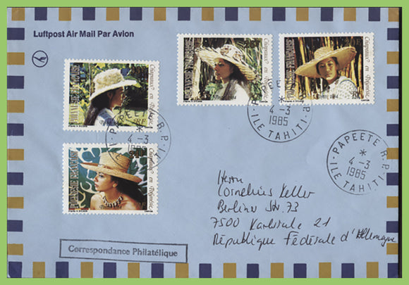 French Polynesia 1985 Hats set on airmail cover to Germany