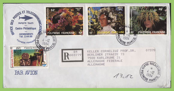 French Polynesia  1984 Headdresses set + 150f Arts Festival on registered cover to Germany