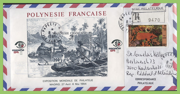 French Polynesia  1987 200f Espana 84' M/S & 25f Art on registered cover to Germany