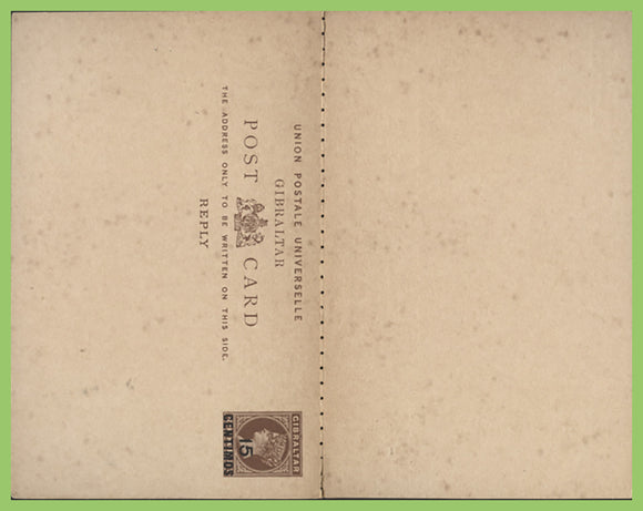 Gibraltar 1889 Queen Victoria 15c ovpt postal stationery card with reply still attached, unused
