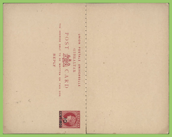 Gibraltar 1889-90 Queen Victoria 10c ovpt postal stationery card with reply still attached, unused