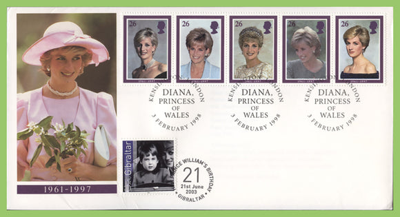 G.B./Gibraltar 1998 Princess Diana/Prince William double date First Day Cover, Kensington