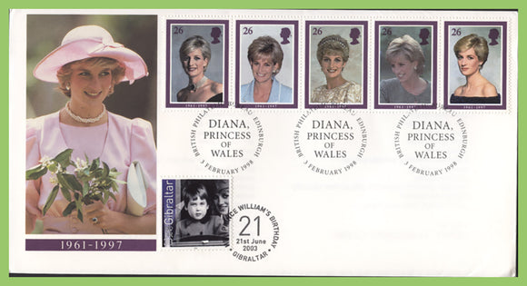 G.B./Gibraltar 1998 Princess Diana/Prince William double date First Day Cover, Bureau