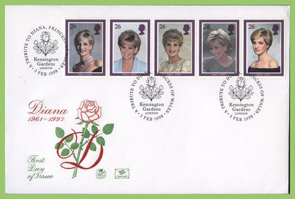 G.B. 1998 Princess Diana set on Stuart First Day Cover, Kensington