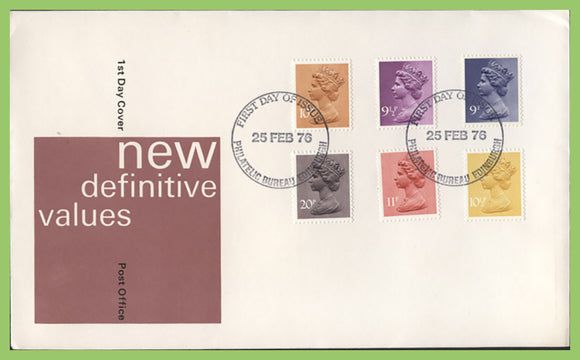 G.B. 1976 six definitives on Post Office First Day Cover, Bureau