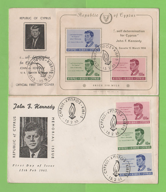 Cyprus 1965 Kennedy set and mini sheet on two First Day Covers