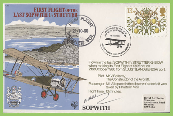 G.B. 1980 RAF first Flight of the Last Sopwith 1½ Strutter, flown & signed cover