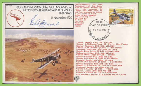 Australia 1980 RAF 60th Anniversary of the Queensland, N.T.A.S, (Qantas), Signed R.A. Faine