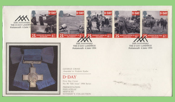 G.B. 1994 D-Day Landings set on PPS silk First Day Cover, Portsmouth