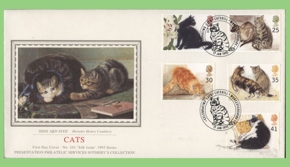 G.B. 1995 Cats set on PPS Silk First Day Cover, Catshill Worcestershire