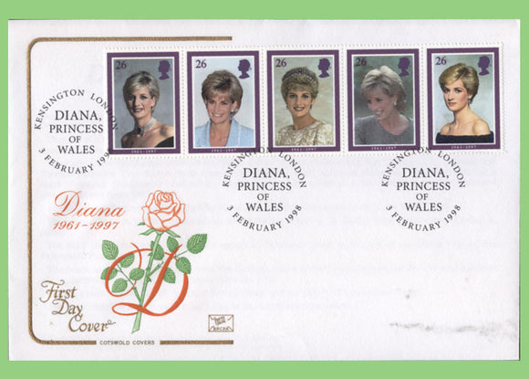 G.B. 1998 Princess Diana set on Cotswold u/a First Day Cover, London
