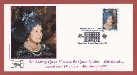 G.B. 1980 Queen Mother issue on Havering official First Day Cover, Clarence House