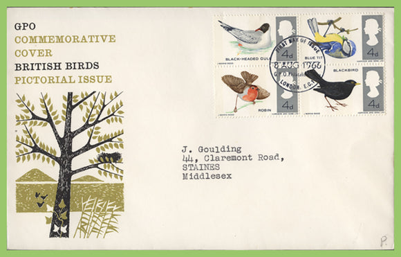 G.B. 1966 Birds phosphor set on GPO First Day Cover, Bureau London EC